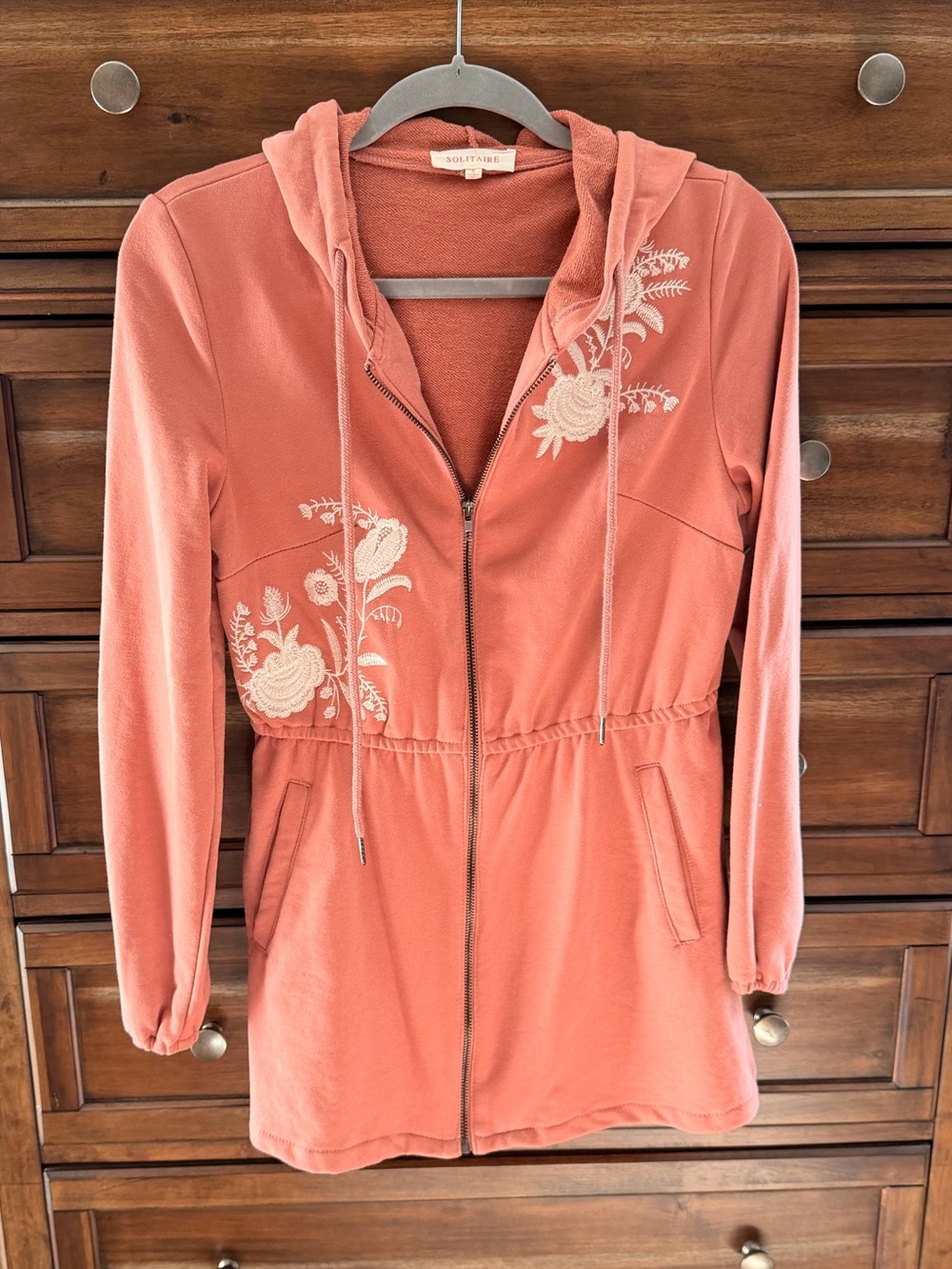 Solitaire Coral Pink Embroidered Zip-Up Hoodie